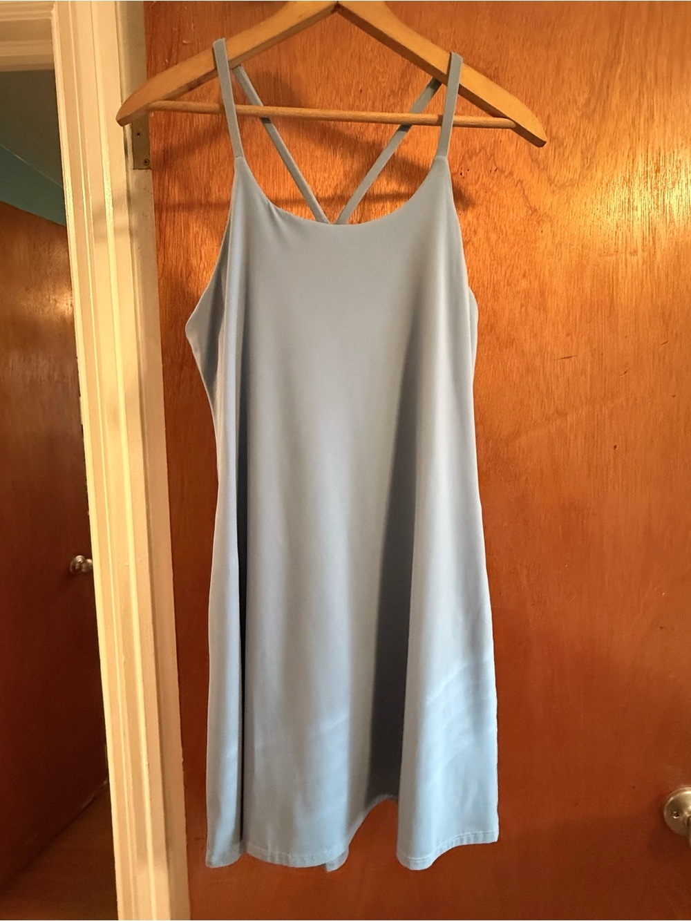 Light Blue Strappy Slip Dress with short romper underneath with pockets